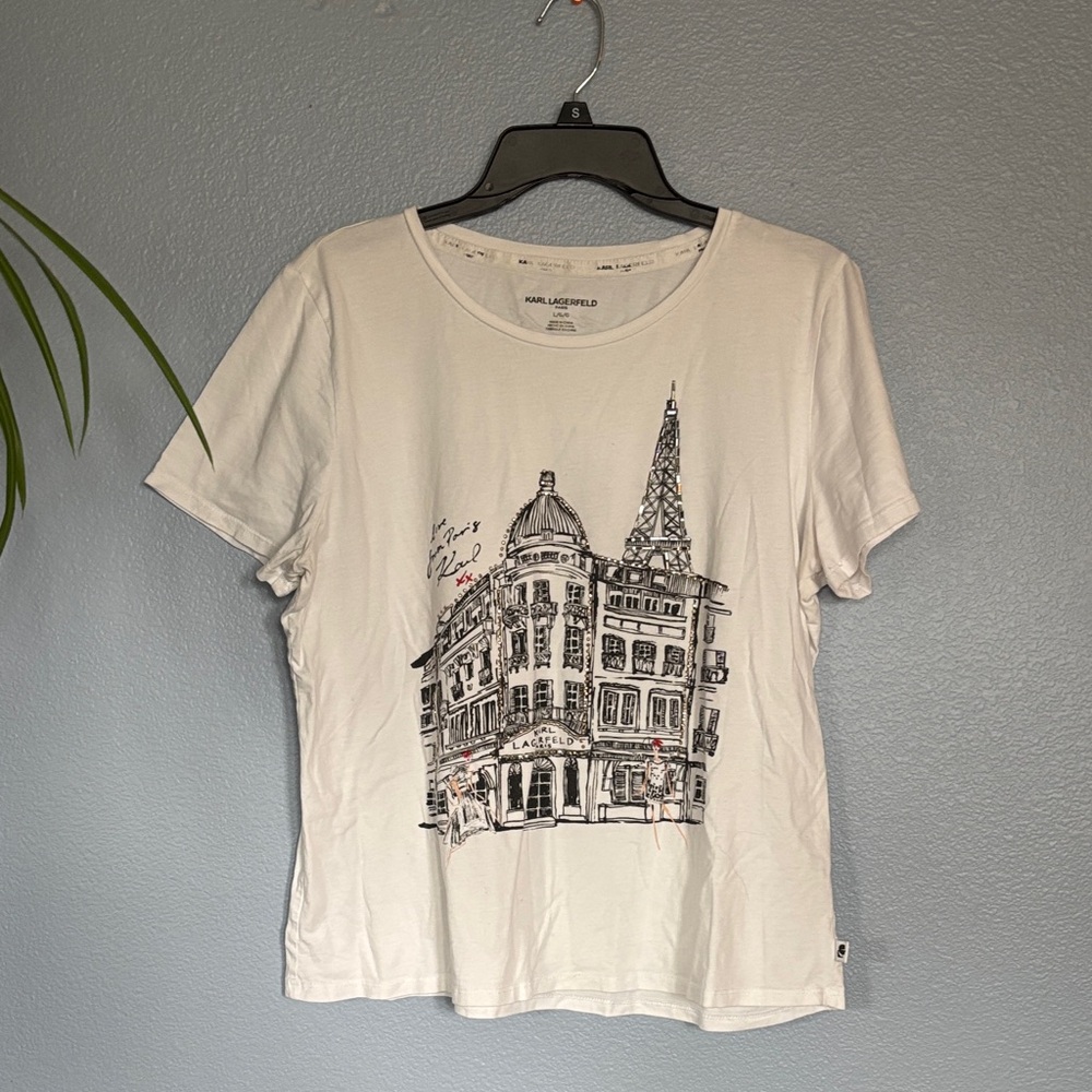 KARL LAGERFELD Love From Paris graphic t-shirt with sequins. Size large - Picture 2 of 7